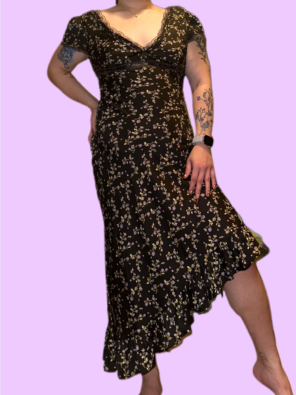 Asymmetrical Black Floral V-Neck Midi Dress